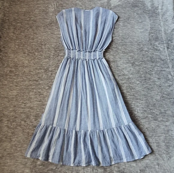 Rails Ashlyn Levanzo Striped Dress Sleeveless Smock Ruffle Blue Midi Linen Rayon - Picture 7 of 12